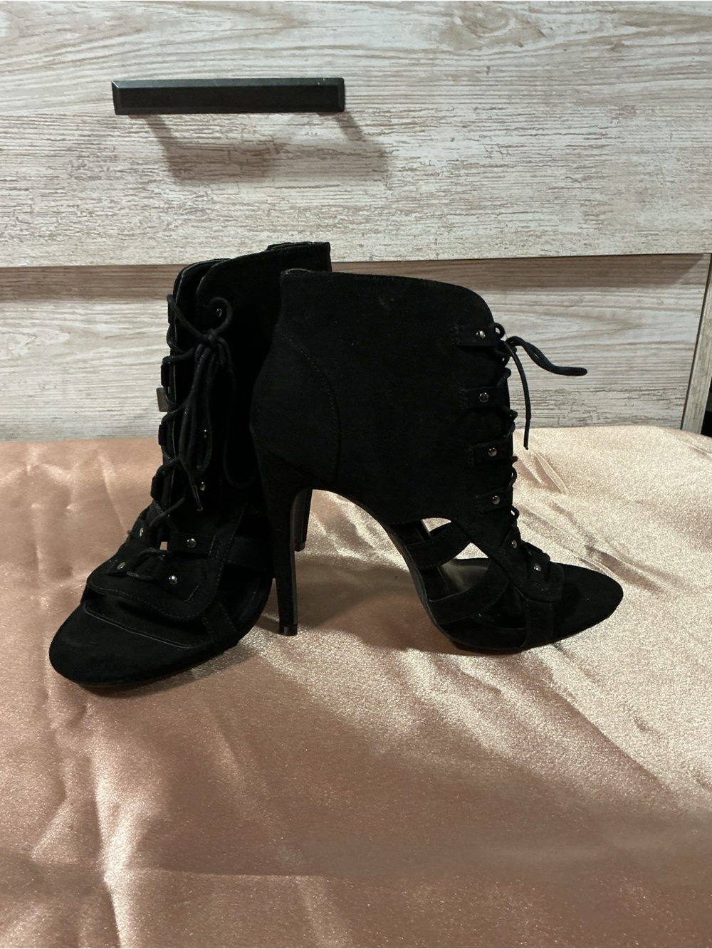 Black Lace-Up Suede High Heel Ankle Boots - Women